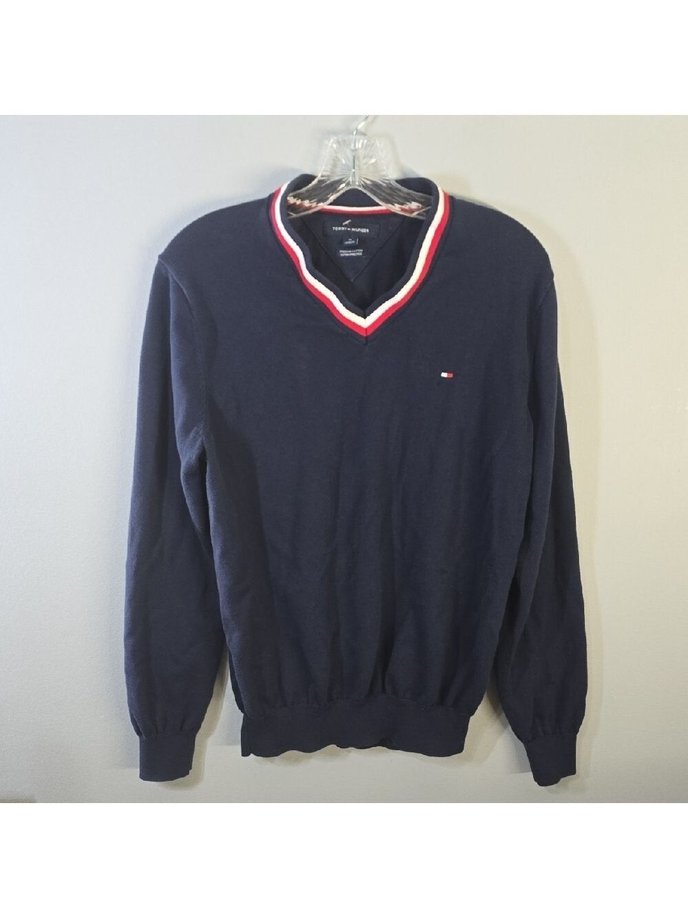 Tommy Hilfiger Men's V-Neck Sweater in Navy with Red White Accents 100% Cotton